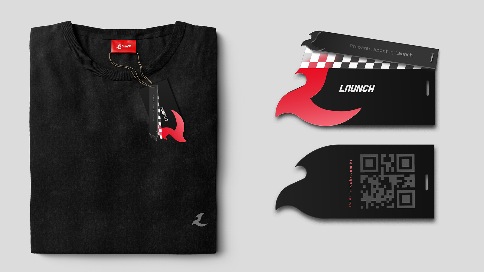 Camiseta dobrada com etiqueta e tag da Launch